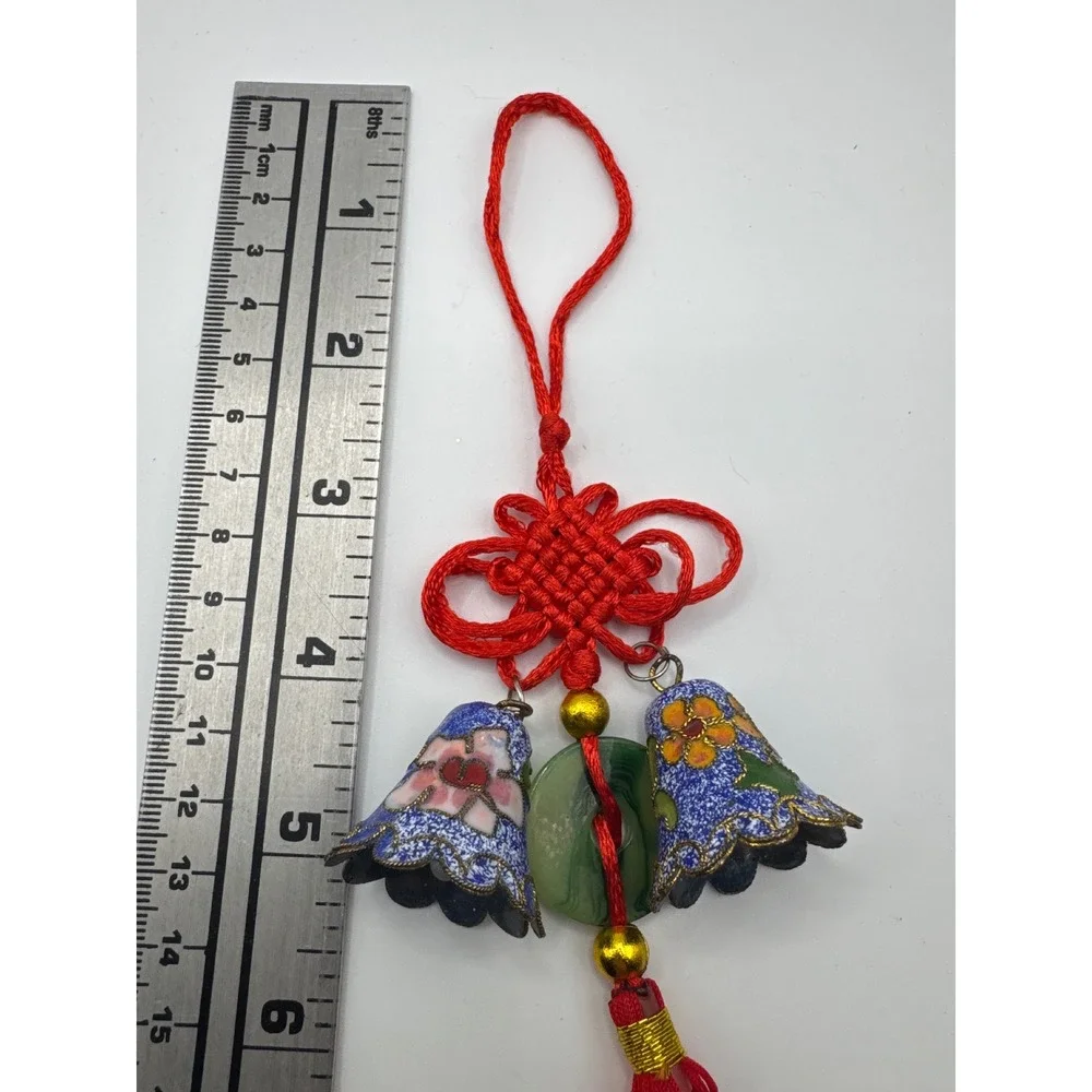 Vintage Chinese Cloisonne Enamel Blue Floral Bell Ornament Red Knot Tassel